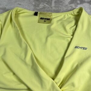 Bo+Tee Women XS Adult Crop Top Neon Yellow Wrap Front Long Sleeve Workout